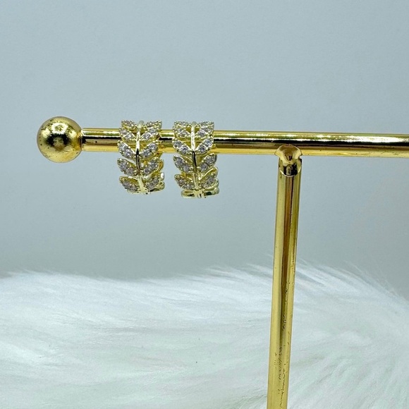 Zircon Olive Branch Leaf Small Hoop Earrings - Gold & Rose Gold Set - Picture 5 of 8